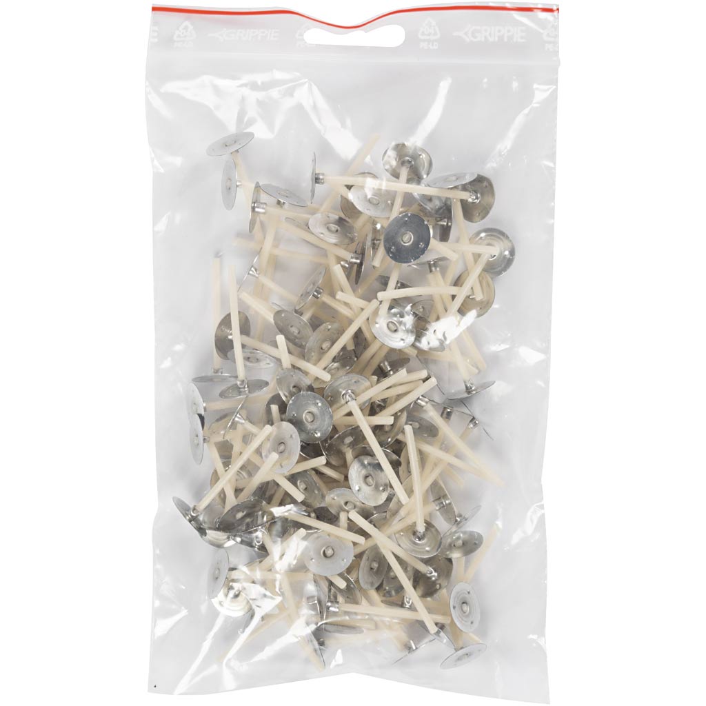 Dochte für Kerzen im Halter, passend für Halter mit einem Durchmesser von 20-65 mm, L: 3,5 cm, Dicke 2 mm, 100 Stück 1 Box