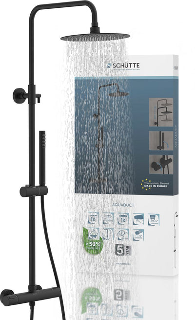 Schütte Aquädukt-Duschsystem - Regenbrause - Stangenlänge 80 - 120 cm - mit Thermostat-Mischbatterie - Mattschwarz