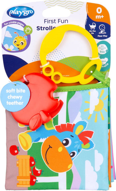 Playgro - Erstes lustiges Kinderwagenbuch - Beißbuch - Bissprofil - Babybuch - Babybuch 0-6 Monate - Beißring - Babybuch mit Sound