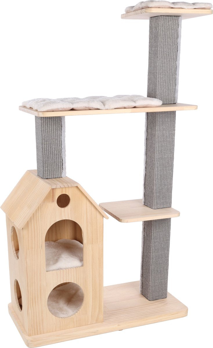Flamingo-Kratzbaum – Premium-Linie Casandra – 96 x 40 x 135 cm – Luxus-Kratzbaum aus Holz mit Liegeplattformen und Unterstand – Kratzmöbel mit Sisal-Kratzmatte, waschbaren Kissen – Design-Kratzbaum