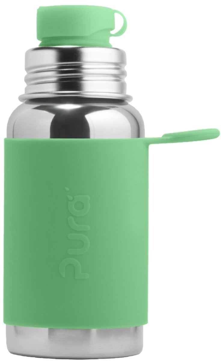 Pura Sportflasche 550 ml – Trinkflasche – Wasserflasche – plastikfrei – rostet nicht – spülmaschinenfest – inklusive Sporthülle und Sportkappe – Oberteil ist austauschbar – vielseitig einsetzbar – Moos