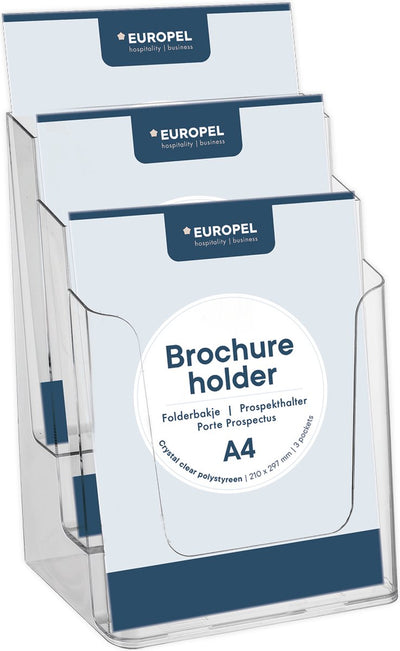 Europel Prospektablagen mehrfach - Flyer, Mappen, Visitenkarten - 3x A4 - 21 x 29,7 cm - Kristallklare Präsentation - Messen und Büros