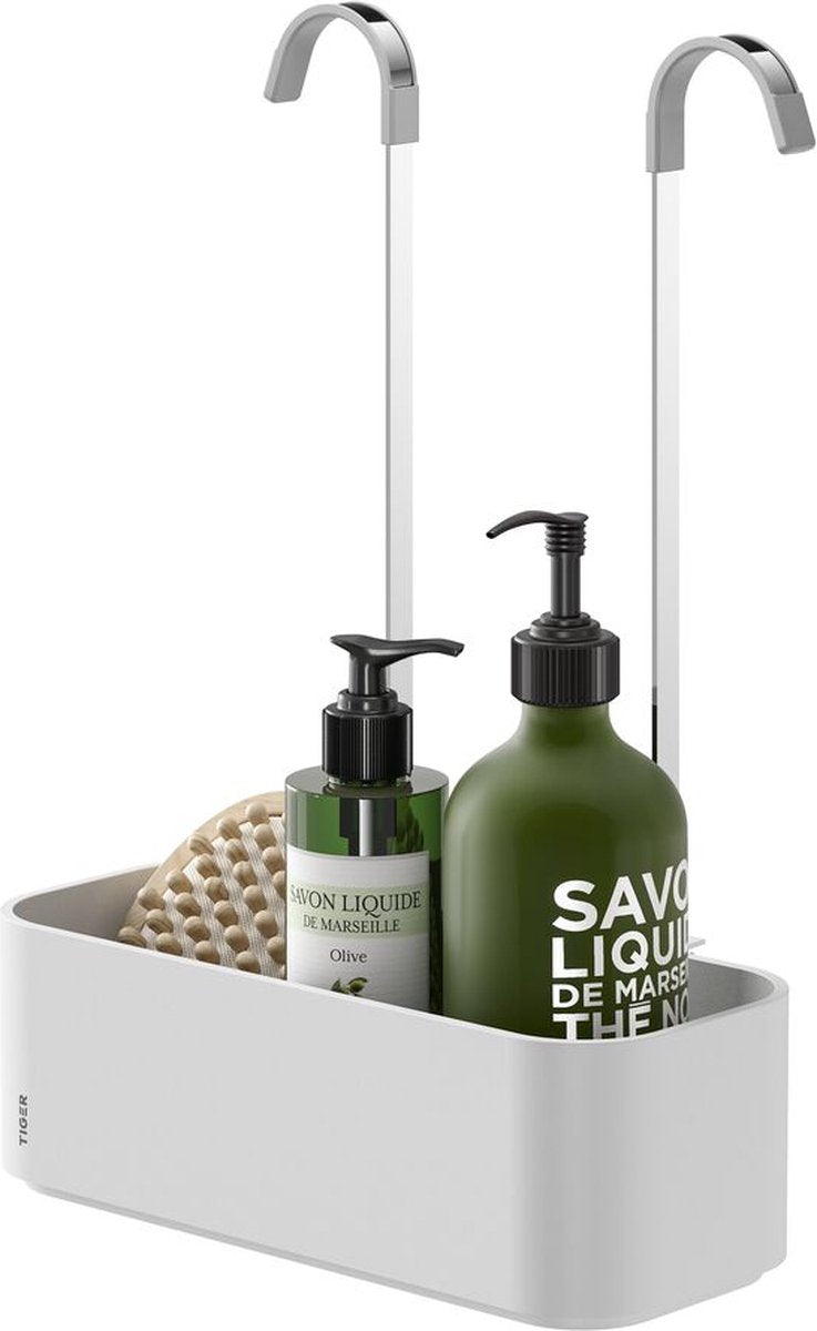 Tiger 2-store – Duschregal ohne Bohren – hängendes Duschregal für Duscharmatur – 25 cm – Badezimmer-Duschkorb – weiß