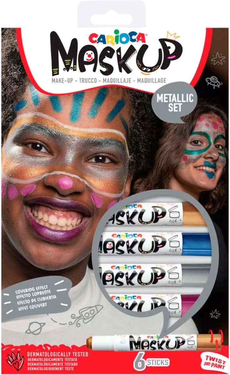 Carioca Mask Up metallische Make-up-Marker – 6 Farben (Grau, Gold, Lila, Blau, Grün, Rosa) – Kinder-Make-up – waschbar
