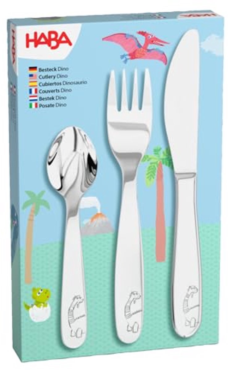 Haba Kinderbesteck Dino – farbenfrohes Besteckset für Kinder aus Edelstahl.