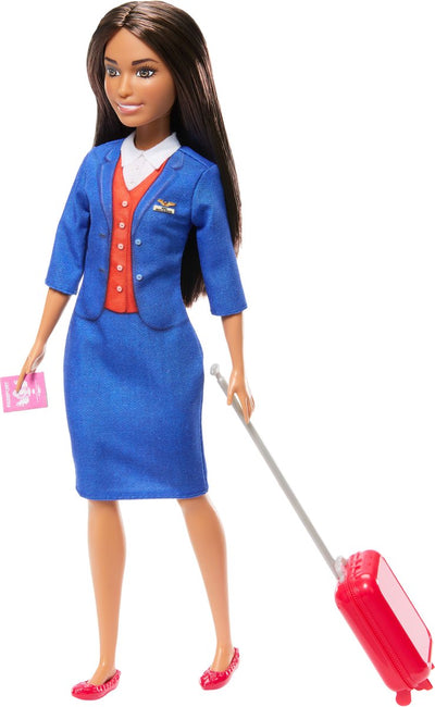 Barbie-Flugbegleiterin-Modepuppe – blaue Uniform mit Koffer, Kopfhörern und Reisepass