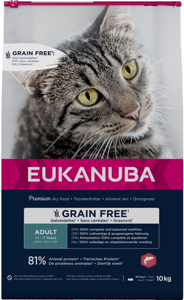 Eukanuba Trockenfutter für ausgewachsene Katzen, getreidefrei, Lachs – 10 kg