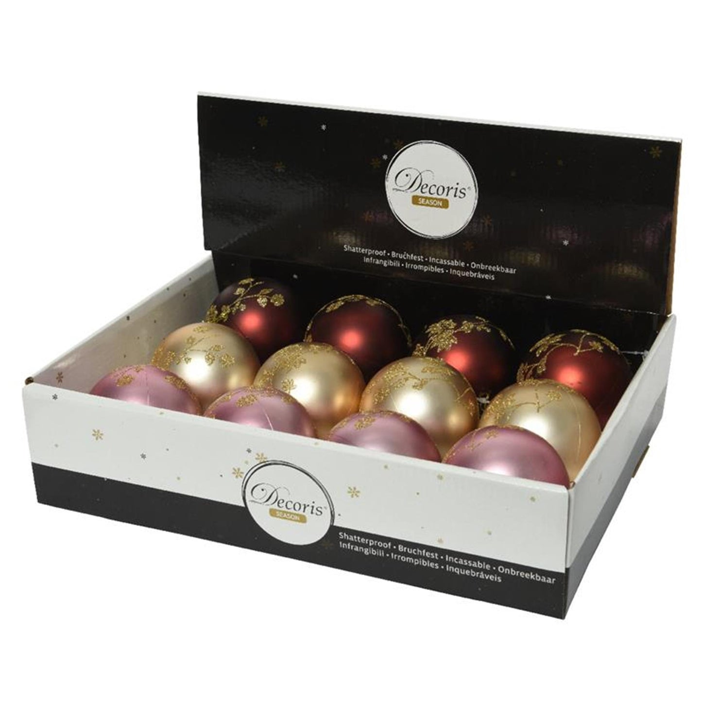 Decoris Weihnachtskugeln Mix 12 Stück Gold, Rot und Rosa