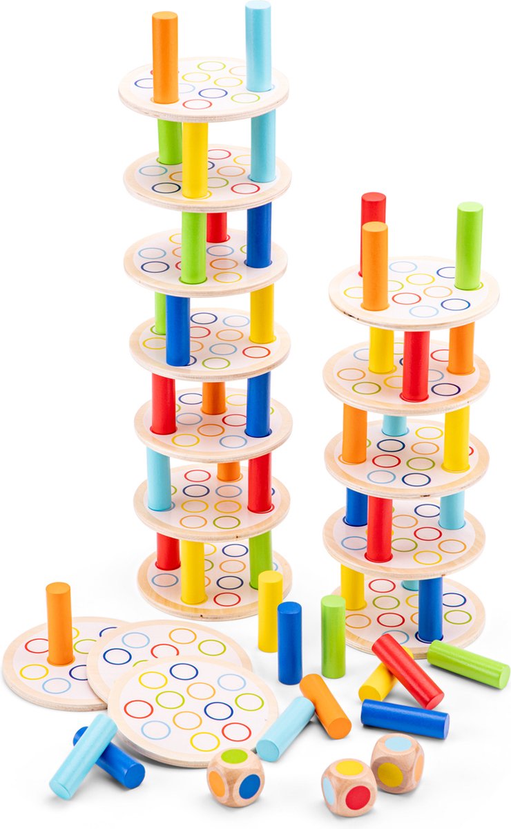 Woet® Holz-Balance-Turm-Spiel – Lern-Stapelspiel mit Würfeln – Farberkennung und Motorik – FSC – ab 3 Jahren