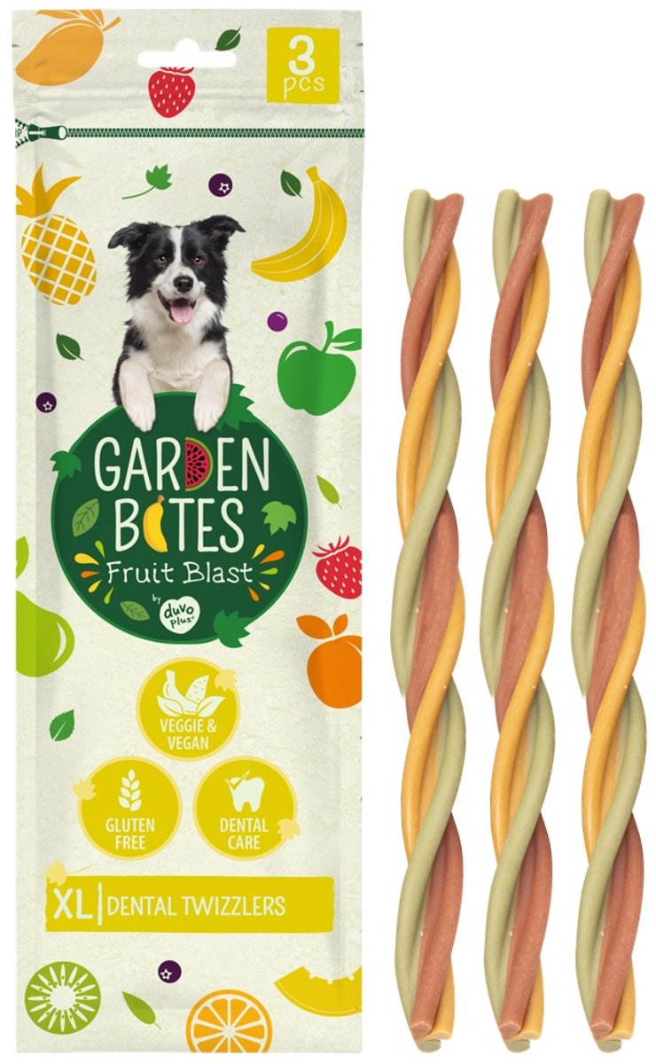 Duvo plus Garden Bites – fruchtige Dental Twizzlers Hundesnacks – Hundeleckerlis – vegetarisch, glutenfrei – extra groß, 3 Stück