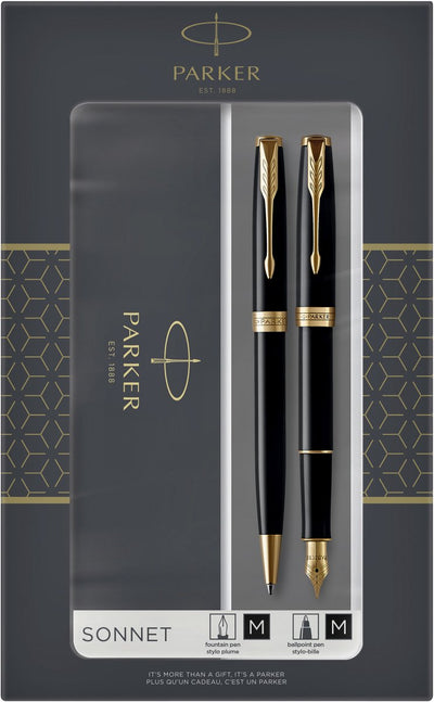 Parker Sonett Duo Geschenkset mit Kugelschreiber und Füllfederhalter (Feder aus 18 Karat Gold) | glänzendes Schwarz mit Goldbesatz | schwarze Tintenpatronen und Nachfüllungen