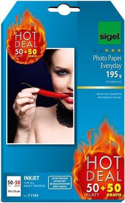Sigel Inkjet-Fotopapier – Everyday Plus – 10 x 15 cm – Hochglanz – 195 Gramm – 50 Blatt + 50 Blatt gratis – SI-T1154