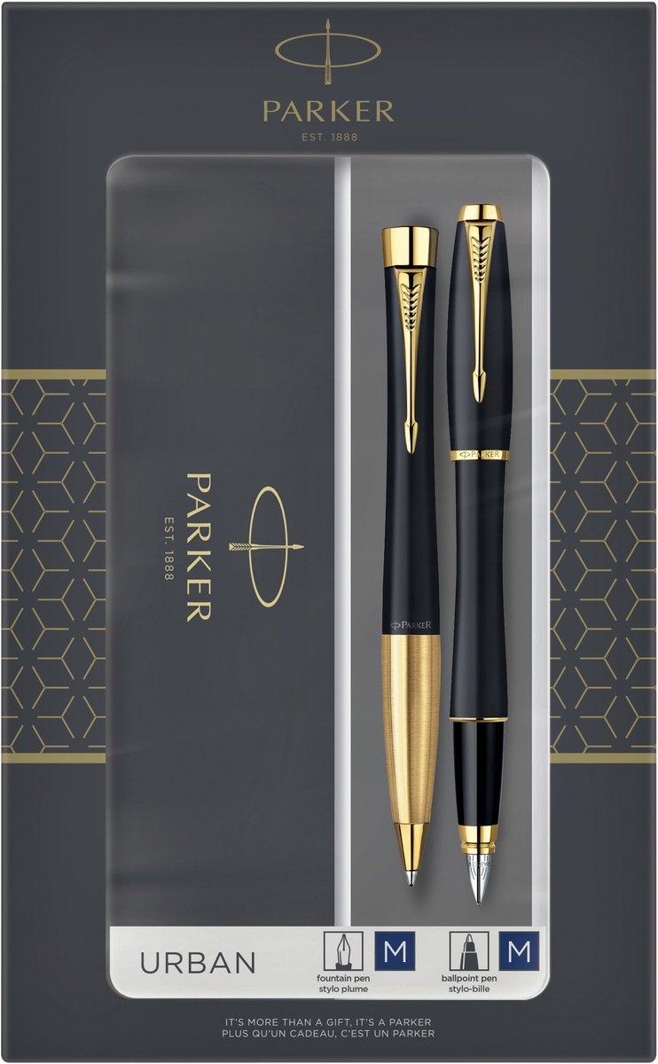 Parker Urban Duo Geschenkset mit Kugelschreiber und Füllfederhalter | weiches Schwarz mit Goldbesatz | blaue Tinte | Geschenkverpackung