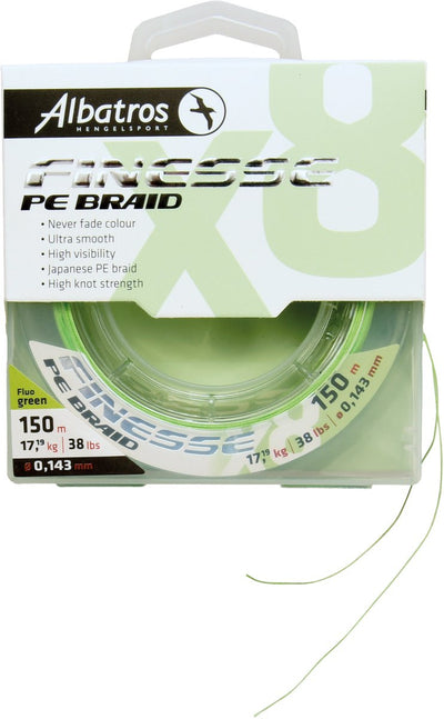 Albatros – Finesse x8 Braid – Angelschnur – 0,102 mm – 150 m – Fluogrün – nie verblassende Farbe