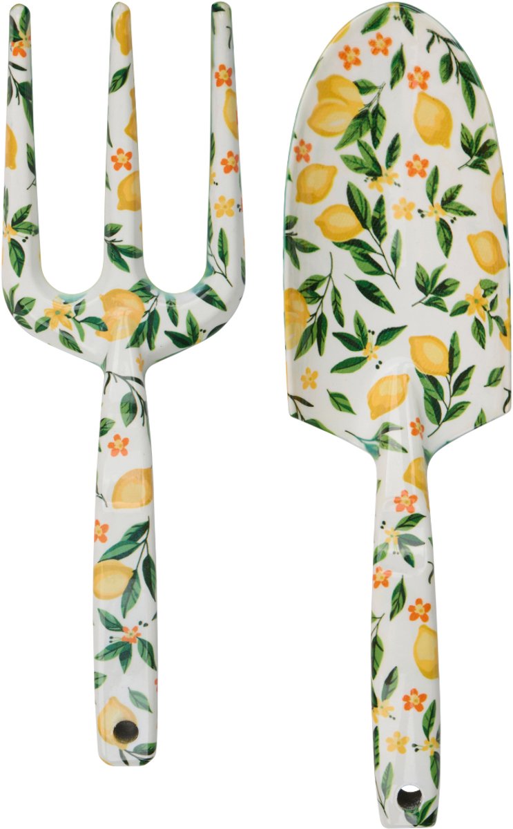 Kinzo Gartenwerkzeug-Set 2-teilig – Gartenwerkzeug-Set mit Pflanzschaufel und Handgabel – Gartenschaufel und Handgabel Garten aus Stahl – dekorative Gartengeräte mit Blumenmotiv