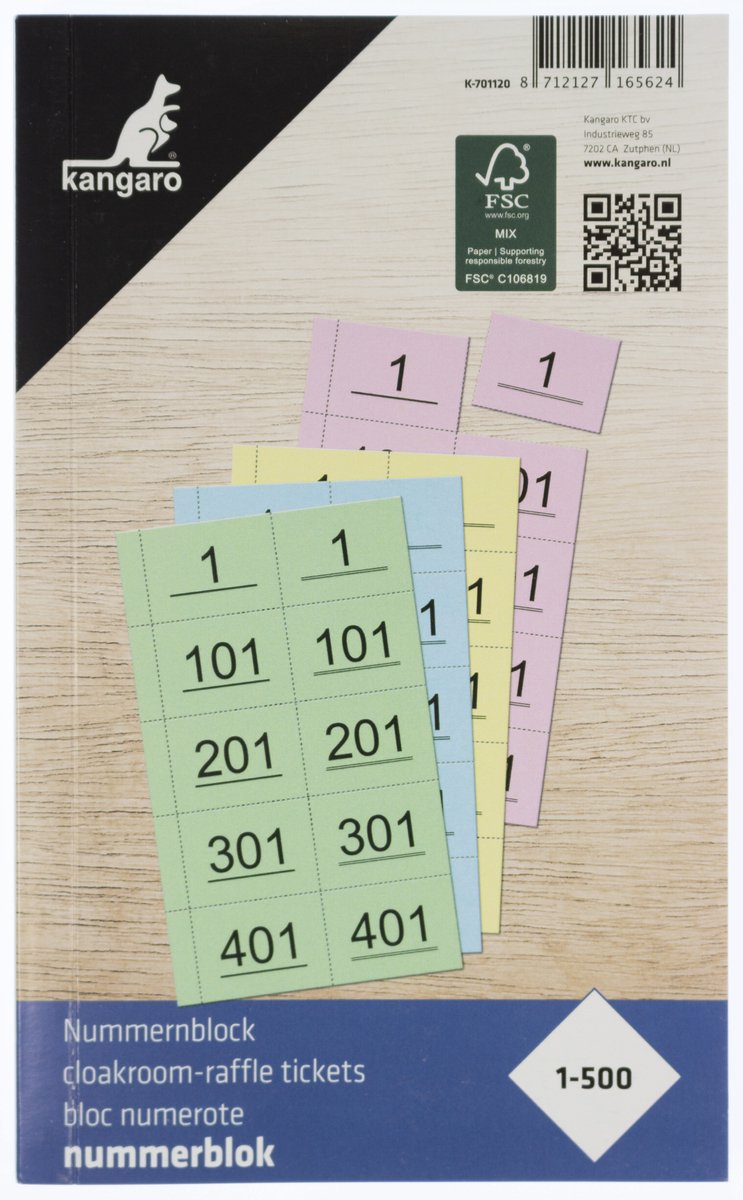 Kangaro-Zahlenblock – 120 x 200 mm – 70 Gramm – Zahlen 1–500 – 4 Blöcke – verschiedene Farben – k-701120