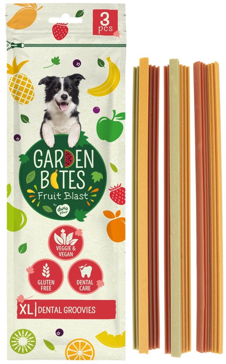 Duvo plus Garden Bites – fruchtige Dental Groovies Hundesnacks – Hundeleckerlis – vegetarisch, glutenfrei – extra groß, 3 Stück