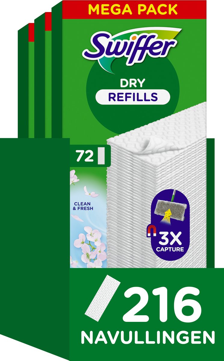 Swiffer Bodenreiniger, trockene Bodentücher – frisch reinigen – 3 x 72 = 216 Nachfüllungen