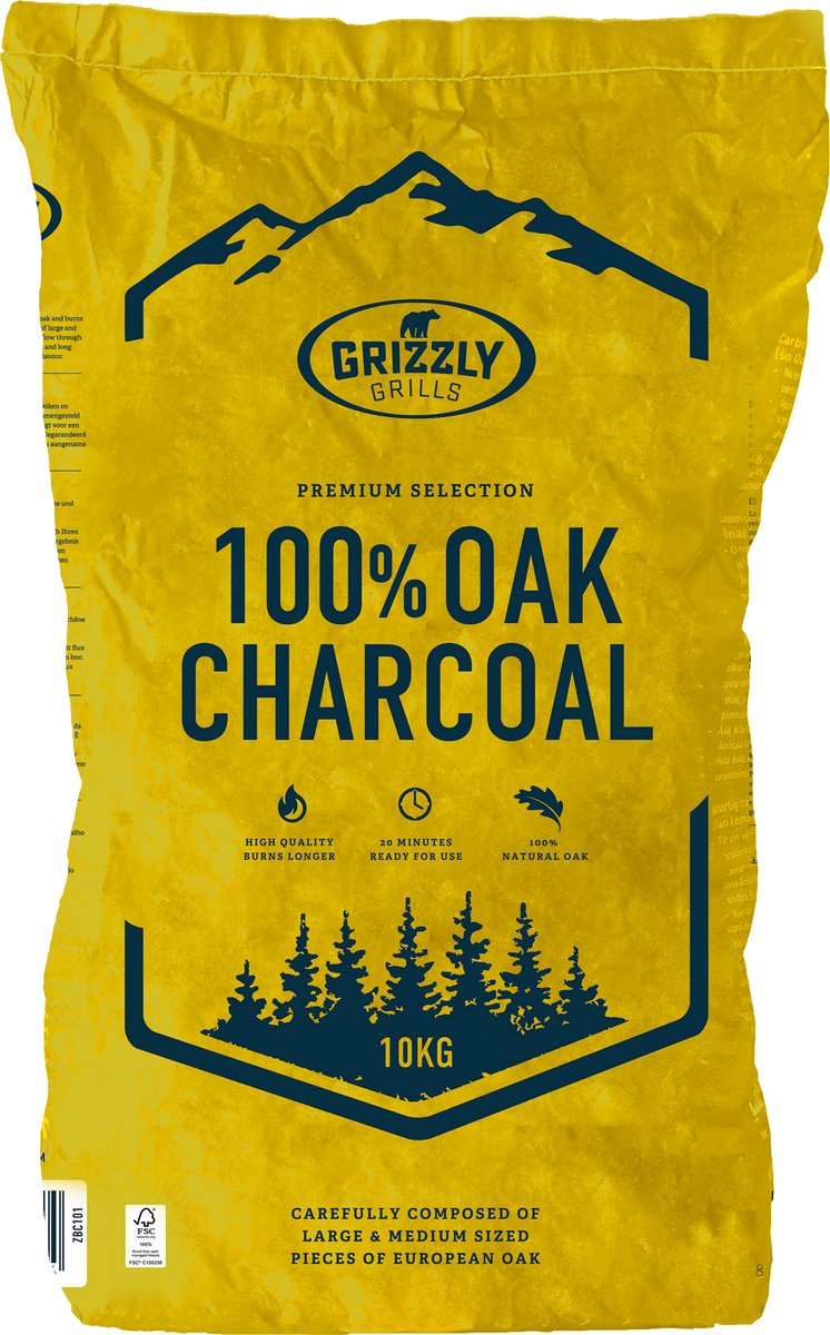 Grizzly grillt Premium 100 % Eiche – Holzkohle – 10 Kilo – 100 % FSC – große Stücke – lange Brenndauer