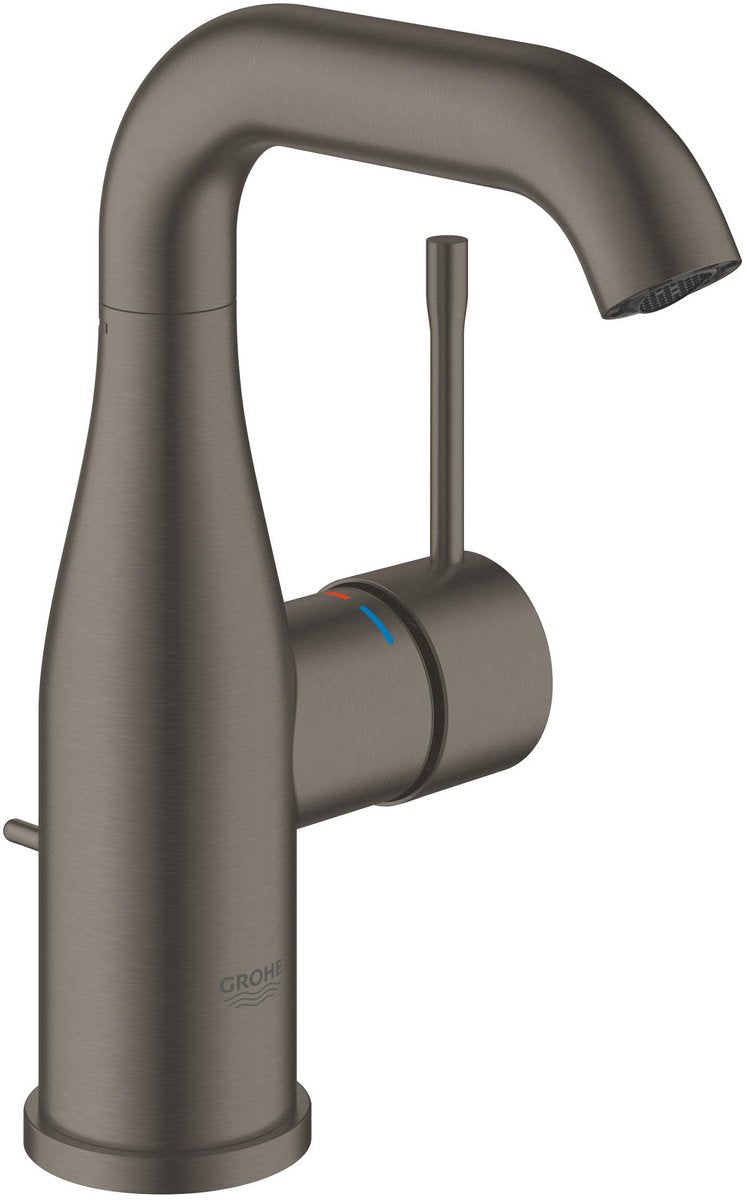 Grohe Essence New Waschtischarmatur – Medium – mit Zugstangen-Ablaufgarnitur – Hartgraphit gebürstet (Anthrazit matt) – wassersparend