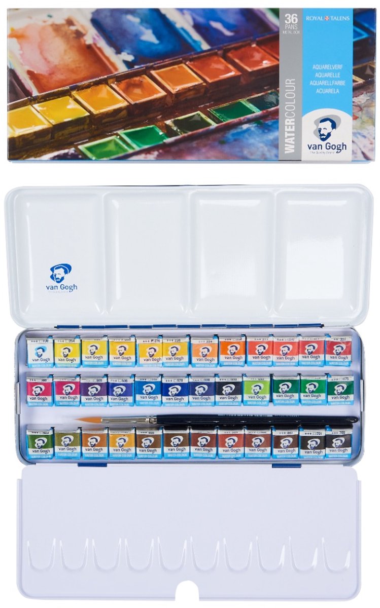 Van Gogh • Aquarellfarben-Set in Metalldose mit 36 Farben in halben Näpfchen + 1 Pinsel