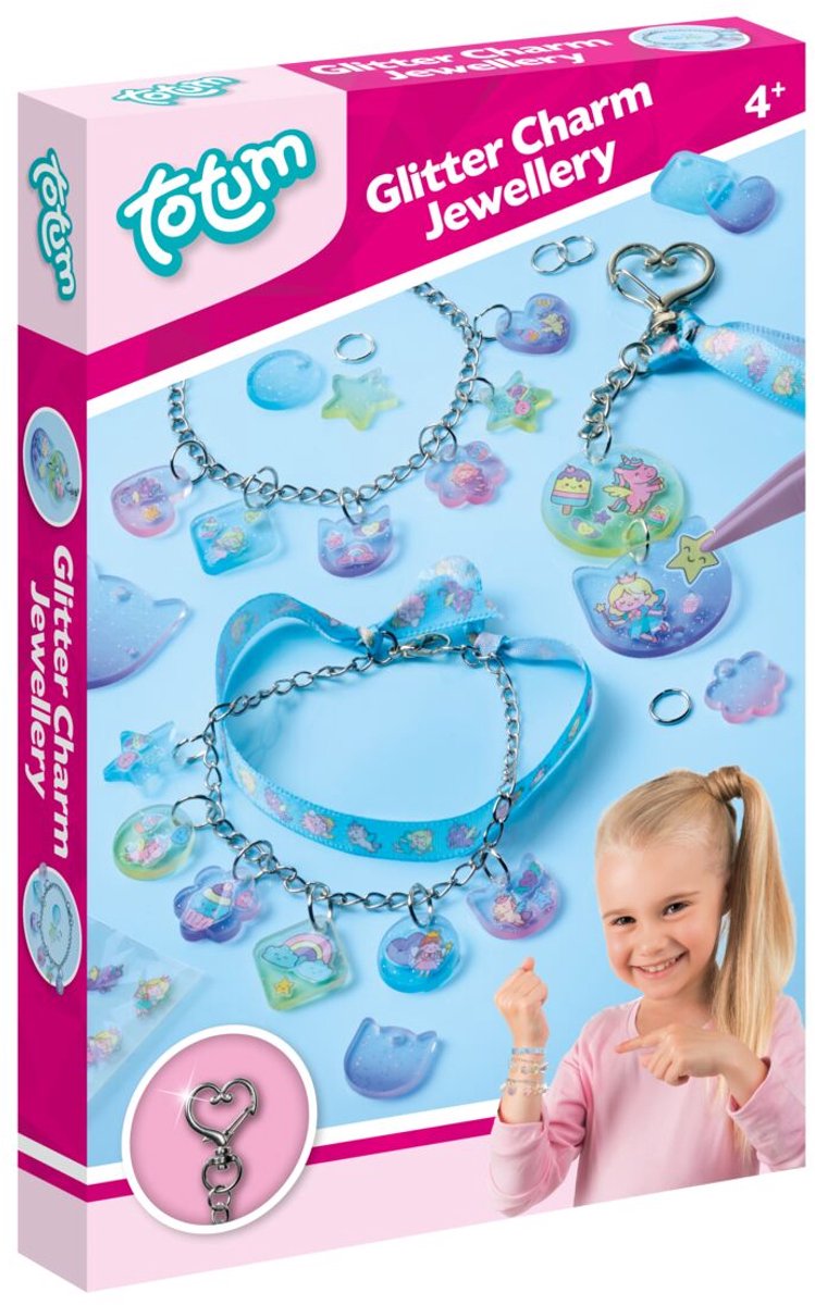 Machen Sie Totum-Glitzer-Sticker-Charm-Armbänder und Schlüsselanhänger mit Kawaii-Prinzessinnen und Einhörnern – machen Sie Schmuck aus 2 Armbändern und Anhängern