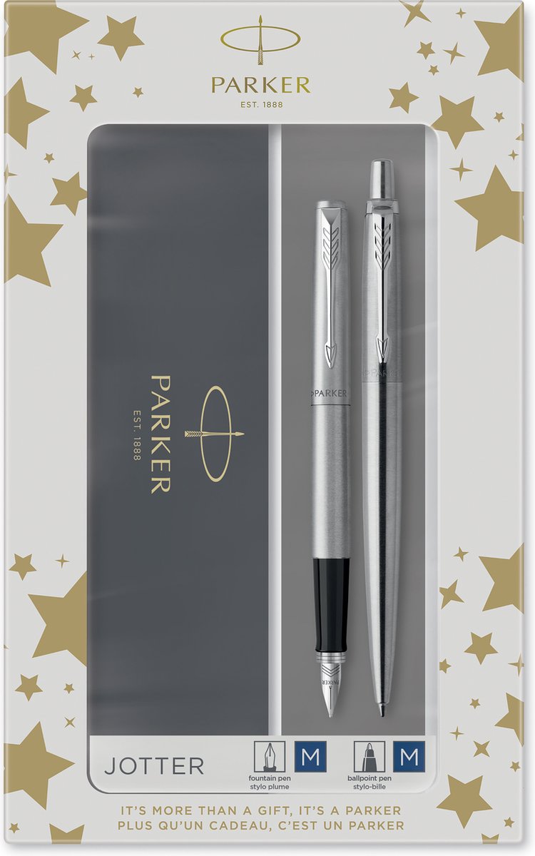 Parker Notizblock-Duo-Geschenkset mit Kugelschreiber und Füllfederhalter | Edelstahl mit Chromoberfläche | Tintennachfüller und Tintenpatronen mit blauer Tinte | Geschenkverpackung