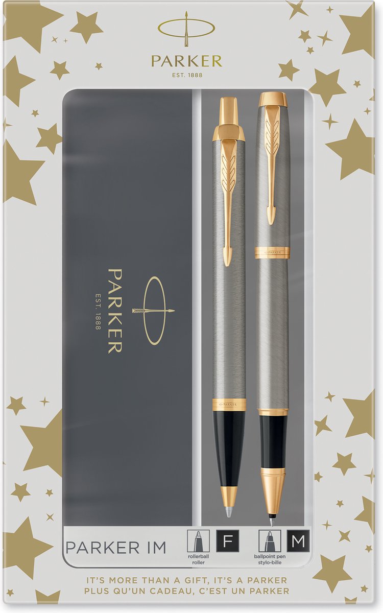 Parker im duo Geschenkset mit Kugelschreiber und Tintenroller | gebürstetes Metall mit Goldrand | schwarze Tinte und Patrone | Geschenkverpackung