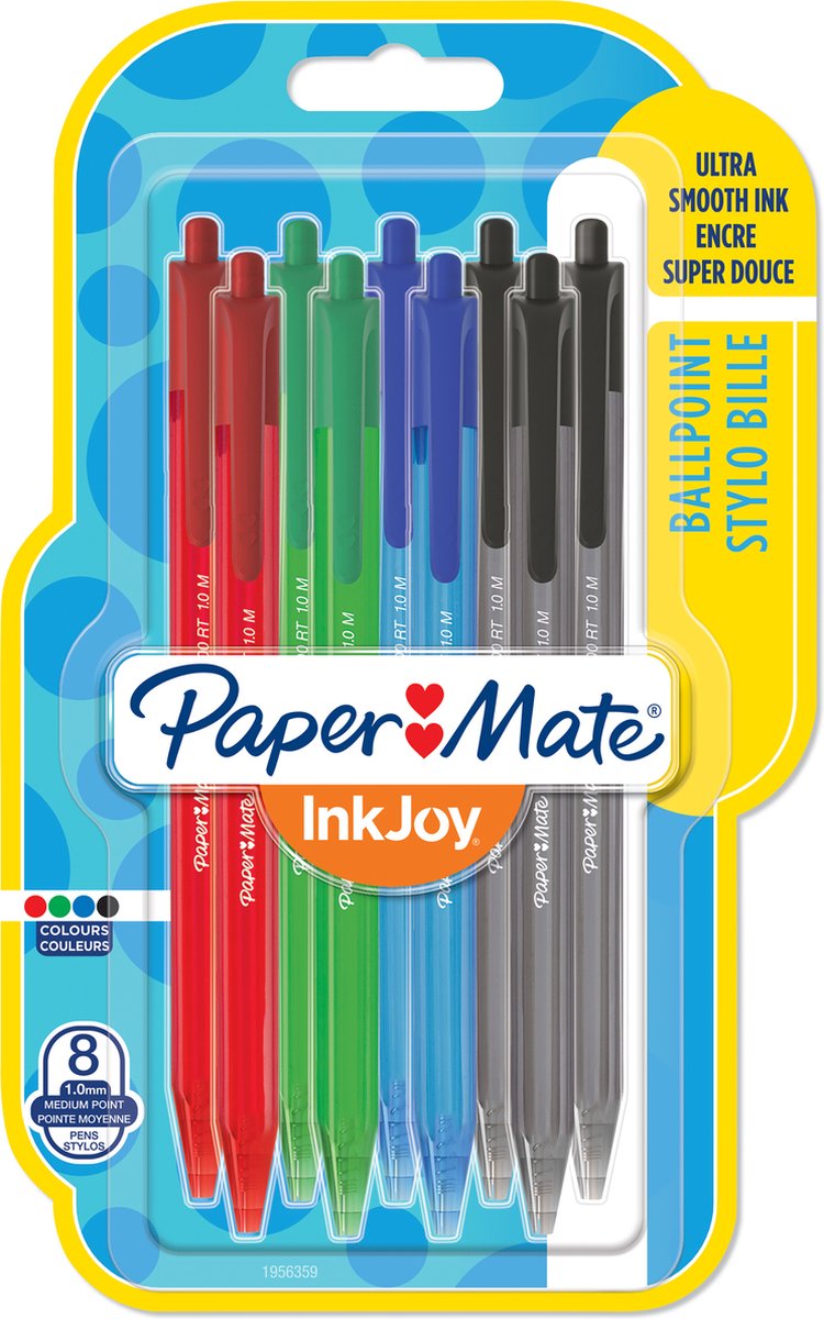 Paper Mate Inkjoy 100RT Druckkugelschreiber | mittlere Spitze (1,0 mm) | schwarz, blau, rot und grün | 8 Stück