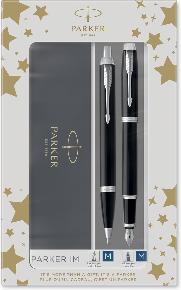 Parker im duo Geschenkset mit Kugelschreiber und Füllfederhalter | glänzend schwarz mit Chrom-Finish | Tintennachfüllung und Tintenpatrone mit blauer Tinte | Geschenkverpackung
