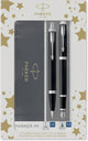 Parker im duo Geschenkset mit Kugelschreiber und Füllfederhalter | glänzend schwarz mit Chrom-Finish | Tintennachfüllung und Tintenpatrone mit blauer Tinte | Geschenkverpackung
