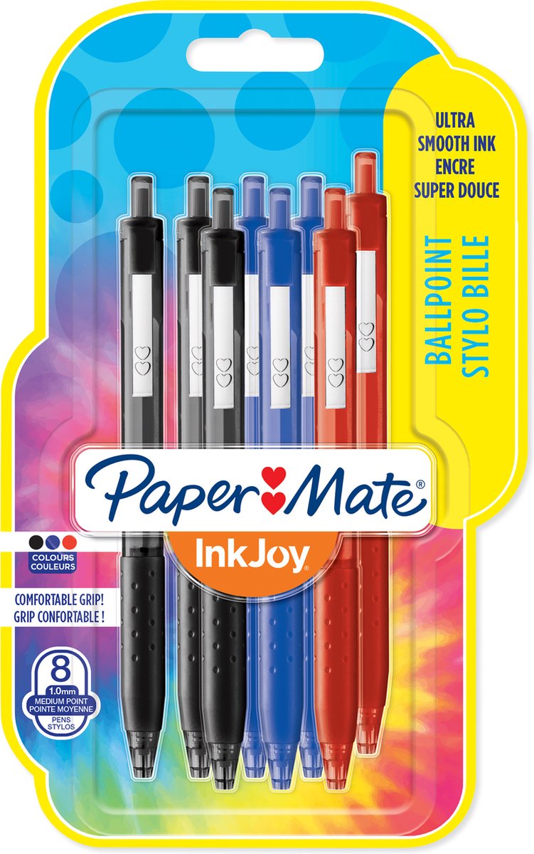 Paper Mate Inkjoy 300RT Kugelschreiber mit Druckknopf | mittlere Spitze (1,0 mm) | schwarz, blau und rot | 8 Stück