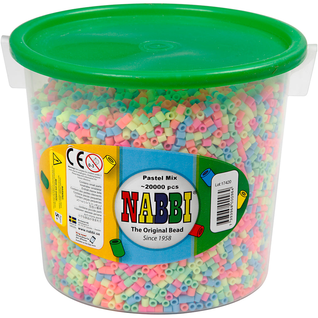 Nabbi-Perlen zum Aufbügeln, Größe 5 x 5 mm, Lochgröße 2,5 mm, mittel, Pastellfarben, 20.000 Teile, 1 Eimer
