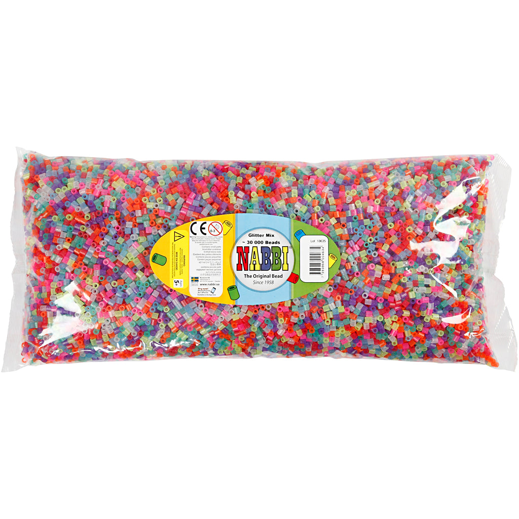 Nabbi-Perlen zum Aufbügeln, Größe 5 x 5 mm, Lochgröße 2,5 mm, mittel, Glitzerfarben, 30.000 Teile, 1 Box