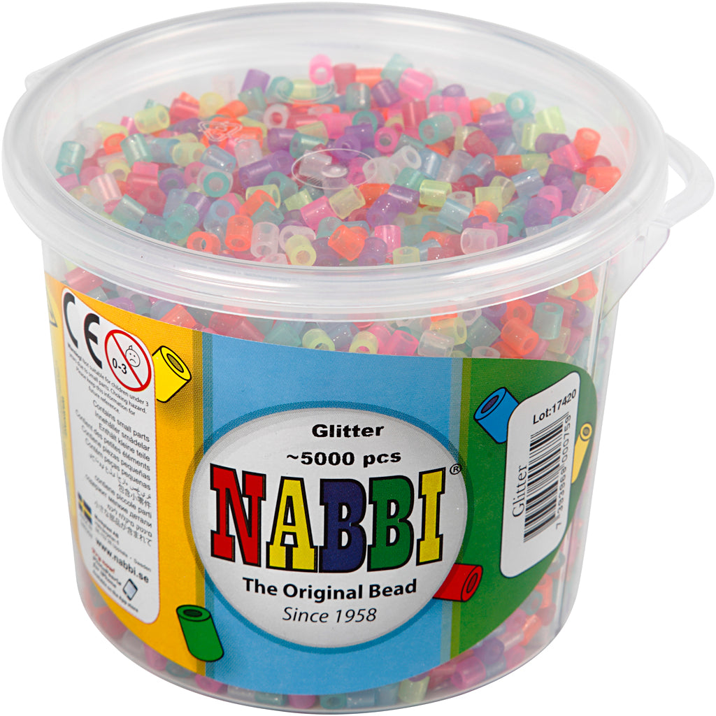 Nabbi-Perlen zum Aufbügeln, Größe 5 x 5 mm, Lochgröße 2,5 mm, mittel, Glitzerfarben, 5000 Div. 1 Eimer