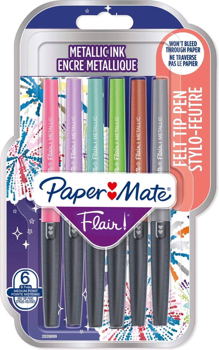 Paper Mate Flair Metallfilzstifte | glitzernde Tinte leuchtet auf weißem Papier | verschiedene Farben | mittlere Spitze (0,7 mm) | 6 Stück