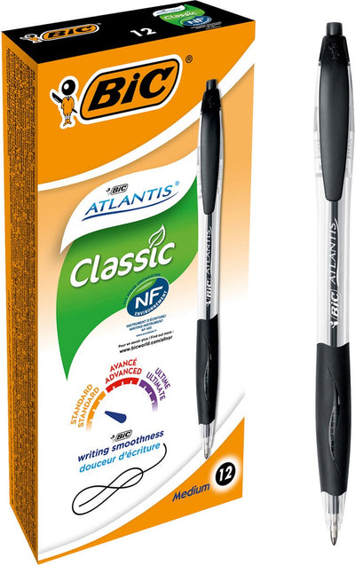 Kugelschreiber Bic Atlantis mit schwarzem Griff, nachfüllbarer Druckknopfclip
