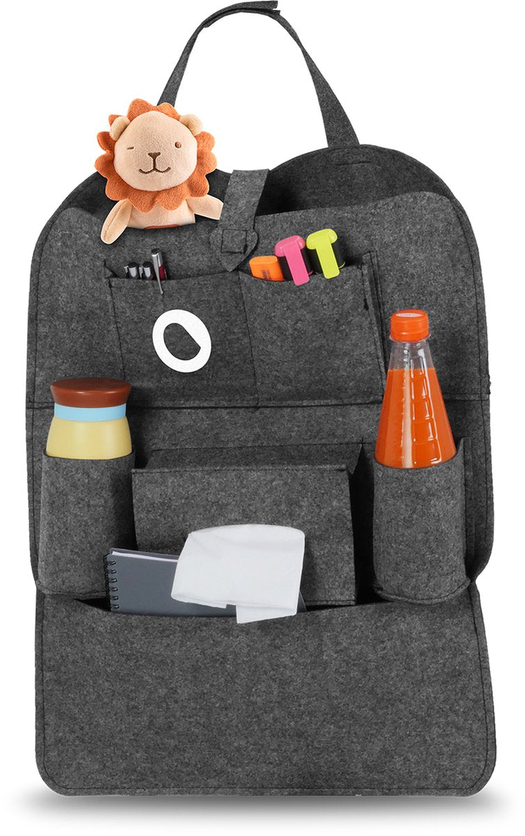 Lionelo Organizer – Autositz-Zubehör, Kinderwagen-Organizer – 2-in-1-Rückenlehnenschutz-Aufbewahrungssystem – 7 Fächer – universelle Befestigung mit Klettverschluss – Filz – sicher und praktisch