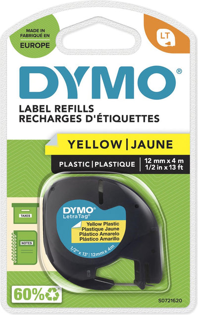 Dymo Letratag Original-Kunststoffetiketten | schwarzer Druck auf gelben Etiketten | 12mm x 4m | selbstklebende Multifunktionsetiketten für Letratag-Etikettendrucker | Hergestellt in Europa