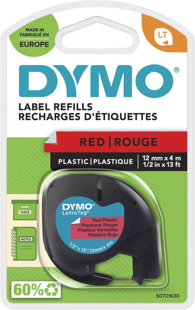 Dymo Letratag Original-Kunststoffetiketten | schwarzer Druck auf roten Etiketten | 12mm x 4m | selbstklebende Multifunktionsetiketten für Letratag-Etikettendrucker | Hergestellt in Europa