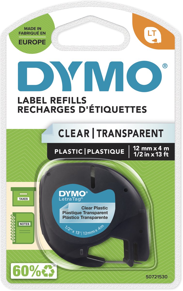 Dymo Letratag Original-Kunststoffetiketten | schwarzer Druck auf transparenten Etiketten | 12mm x 4m | selbstklebende Multifunktionsetiketten für Letratag-Etikettendrucker | Hergestellt in Europa