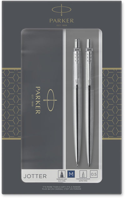 Parker Jotter Duo Geschenkset Kugelschreiber und Druckbleistift (0,5 mm) – blaue Tinte – Edelstahl mit Chrom-Finish
