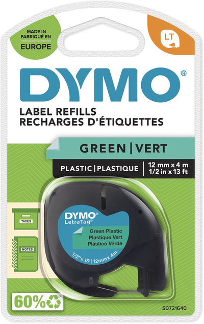 Dymo Letratag Original-Kunststoffetiketten | schwarzer Druck auf grünen Etiketten | 12mm x 4m | selbstklebende Multifunktionsetiketten für Letratag-Etikettendrucker | Hergestellt in Europa