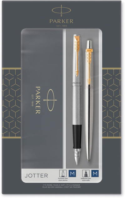 Parker Notizblock-Duo-Geschenkset mit Kugelschreiber und Füllfederhalter | Edelstahl mit Goldbesatz | blaue Tinte und Patronen | Geschenkverpackung