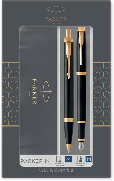 Parker im duo Geschenkset mit Kugelschreiber und Füllfederhalter | glänzend schwarz mit goldenem Rand | blaue Tintenpatrone und Nachfüllung | Geschenkverpackung