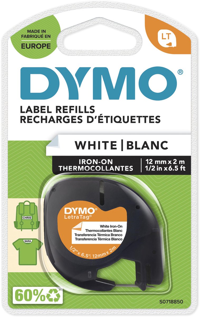 Dymo Letratag Original-Textiletiketten zum Aufbügeln | 12 mm x 2 m Rolle | schwarzer Druck auf weißen Etiketten | Bügelband für Letratag-Etikettendrucker