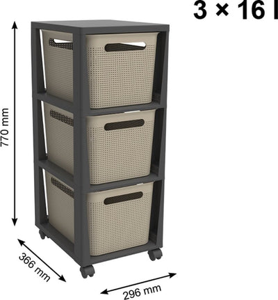 Rotho Tower Brisen Design-Kommode 3x16l mit Cappuccino-Rädern