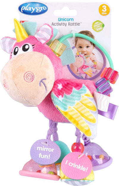 Playgro Clip Clop Rassel Einhorn Einhorn rosa – Aktivitätsspielzeug – Rassel – Mutterschaftsgeschenk – Babyspielzeug – Babyspielzeug – Kinderwagenzubehör – Stofftier – Babyrassel – Beißspielzeug – Greifling – Baby