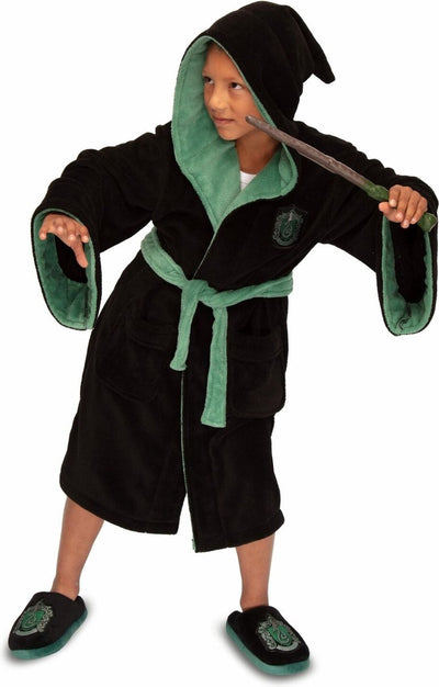 Harry Potter Bademantel Slytherin mit Kapuze, übergroße Kinderserie, Unisex, 7–9 Jahre (M)