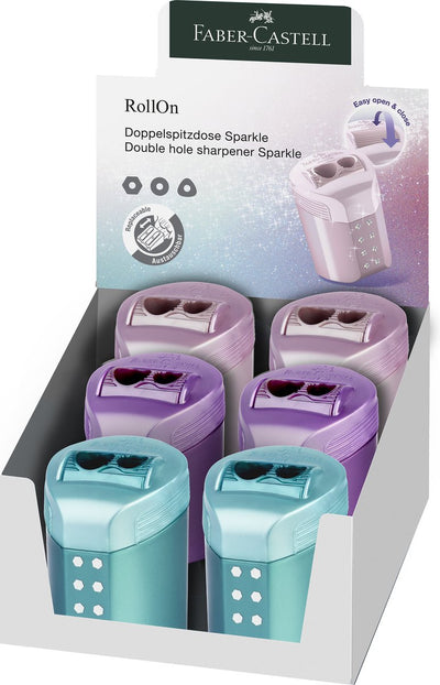 Faber-Castell Bleistiftspitzer – Rollon Sparkle Duo – Display 6 Stück in verschiedenen Farben – FC-183900